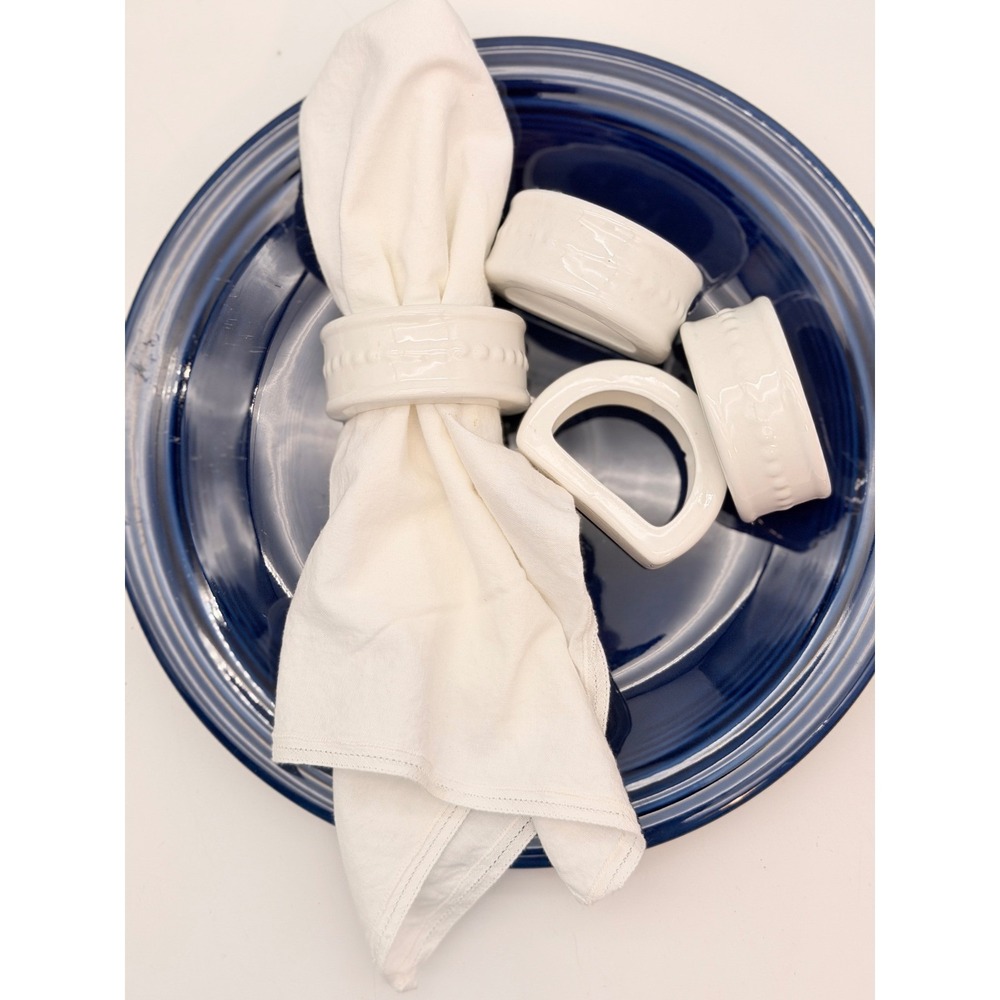 Set of 8 White Ceramic Beaded D-Shape Napkin Rings Glossy MCM Table Decor